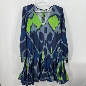 Rhode Women’s Blue Green Abstract Long Sleeve Ruffle Pleated Dress Size Small